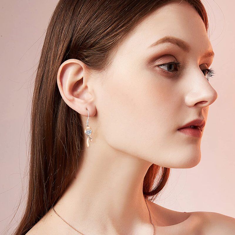 Sterling Silver Two-Tone Heart Cubic Zirconia Ribbon Drop Earrings With Engraved Word For Women-2