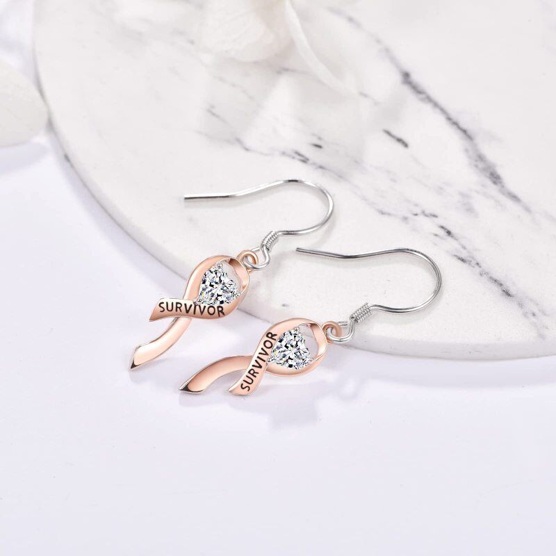 Sterling Silver Two-Tone Heart Cubic Zirconia Ribbon Drop Earrings With Engraved Word For Women-4