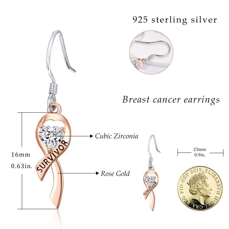Sterling Silver Two-Tone Heart Cubic Zirconia Ribbon Drop Earrings With Engraved Word For Women-5