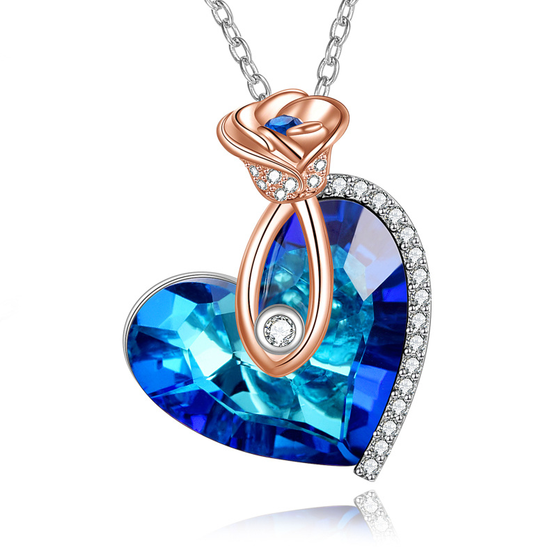 Sterling Silver Two-Tone Heart Crystal With Zircon Rose Pendant Necklace For Women-3