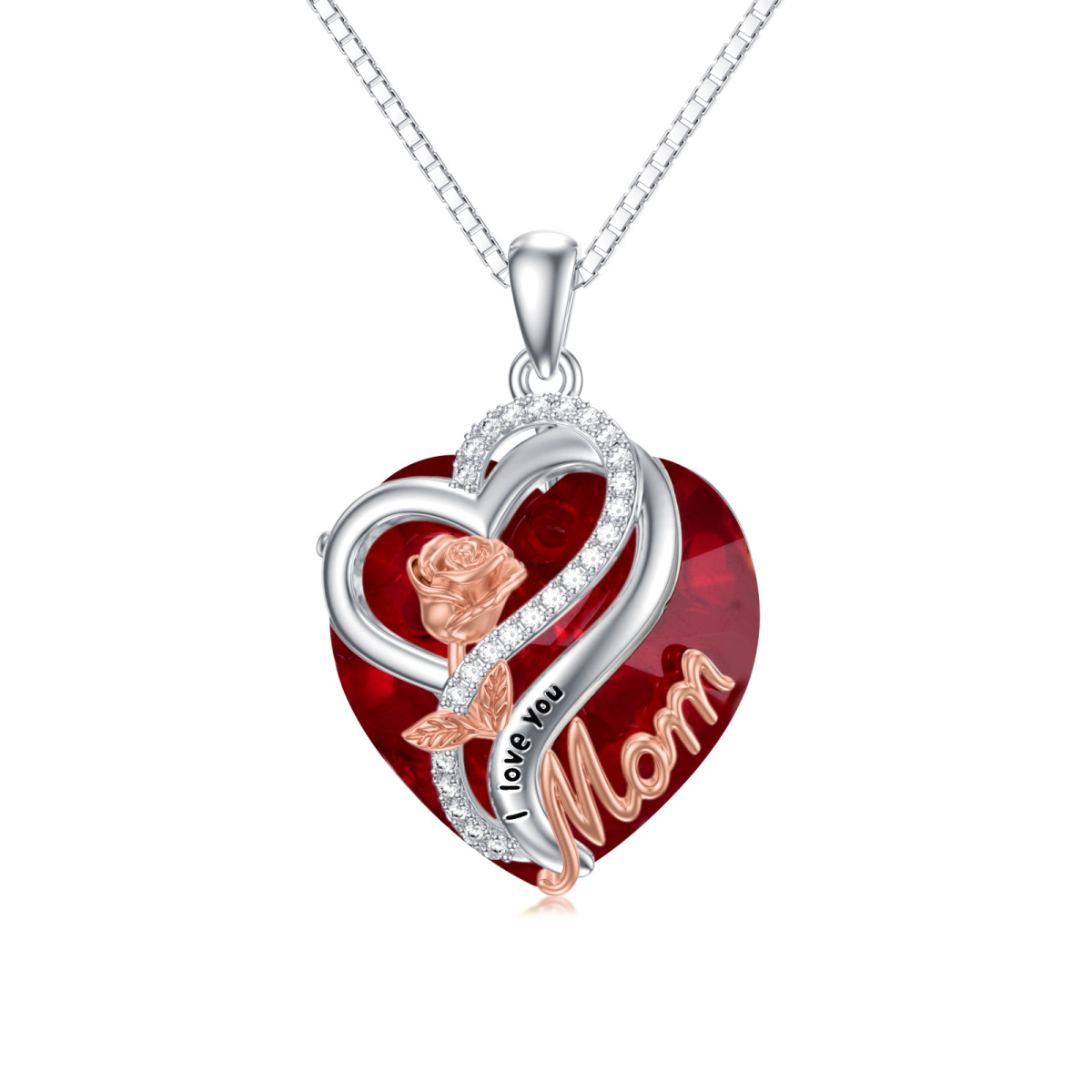 Collana con pietra portafortuna con incisione a forma di cuore in cristallo bicolore in argento sterling per la madre-1