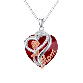 Sterling Silver Two-Tone Heart Crystal Rose Pendant Engraving Birthstone Necklace For Mother-21