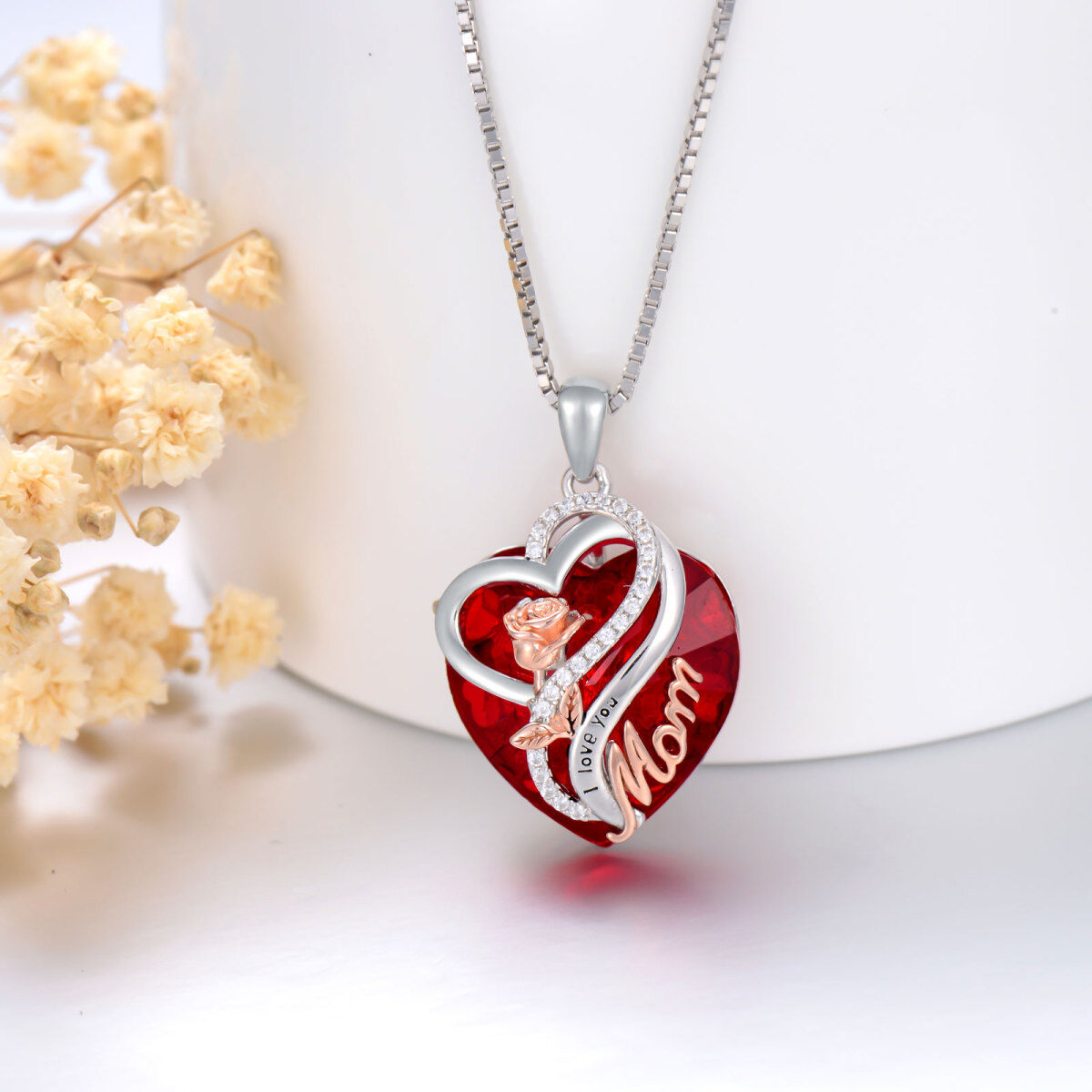 Sterling Silver Two-Tone Heart Crystal Rose Pendant Engraving Birthstone Necklace For Mother-3