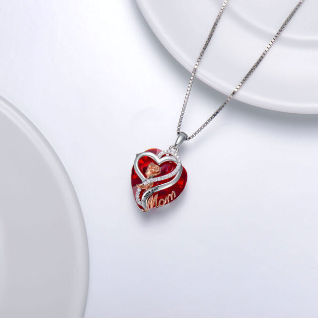 Sterling Silver Two-tone Heart Shaped Rose & Mother & Heart Crystal Pendant Necklace with Engraved Word-4