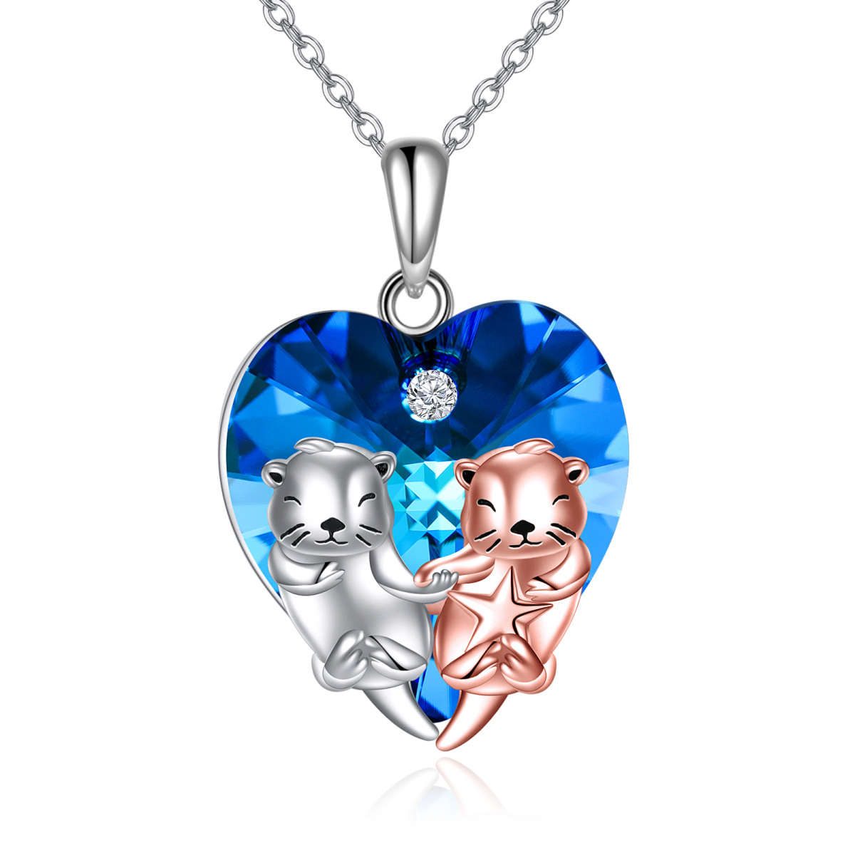 Sterling Silver Two-tone Heart Shaped Sea Otter & Heart Crystal Pendant Necklace-1