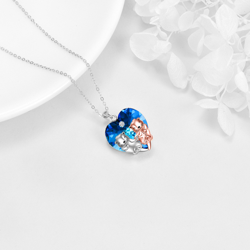 Sterling Silver Two-Tone Heart Crystal Sea Otter Pendant Necklace For Women-4