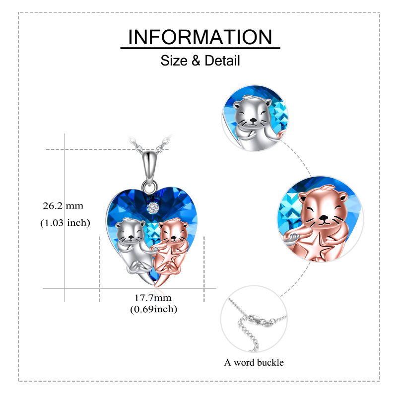 Sterling Silver Two-Tone Heart Crystal Sea Otter Pendant Necklace For Women-5