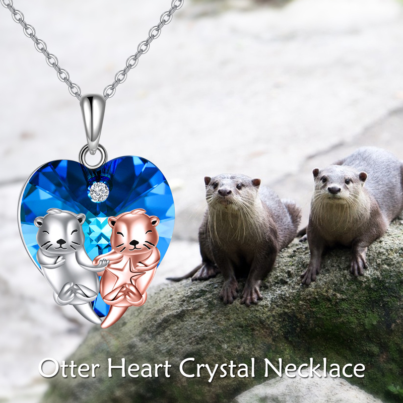 Sterling Silver Two-Tone Heart Crystal Sea Otter Pendant Necklace For Women-6