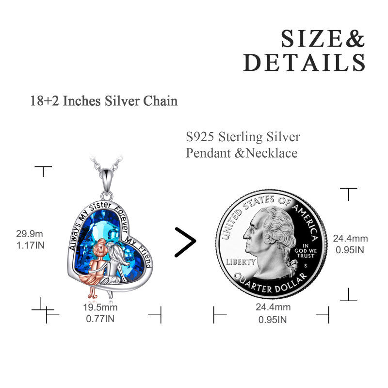 Collar con colgante de hermanas de cristal de corazón de dos tonos de plata de ley para mujer-3