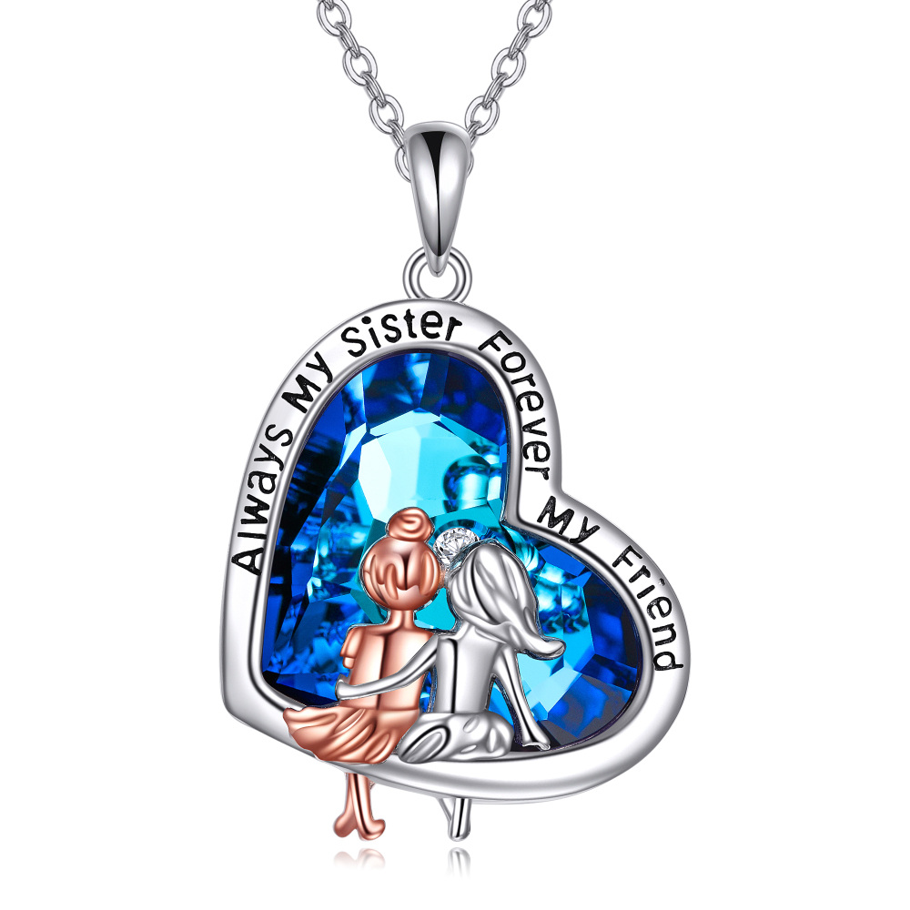Sterling Silver Two-Tone Heart Crystal Sisters Pendant Necklace For Women-1