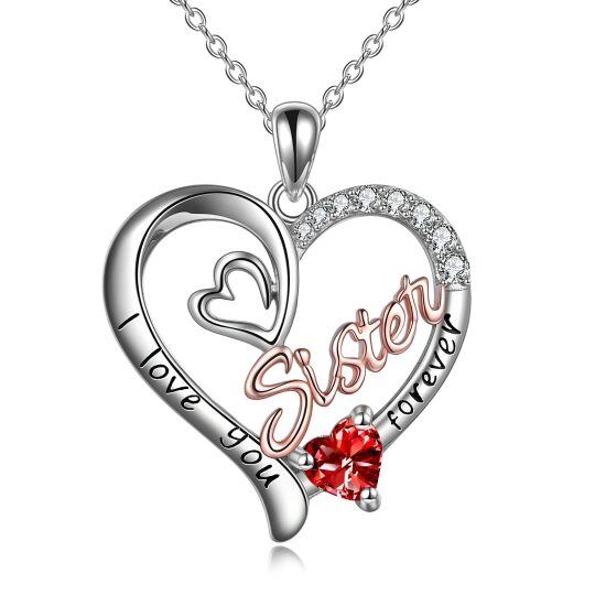 Sterling Silver Two-tone Heart Shaped Cubic Zirconia Sisters & Heart With Heart Pendant Necklace with Engraved Word