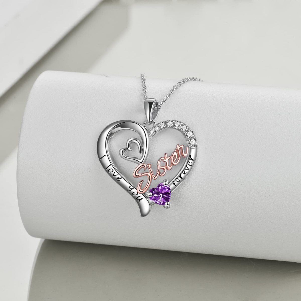 Sterling Silver Two-tone Purple Cubic Zirconia Sisters Heart Engraved Necklace for Women-3