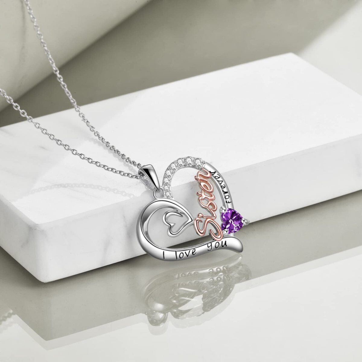 Sterling Silver Two-tone Purple Cubic Zirconia Sisters Heart Engraved Necklace for Women-4