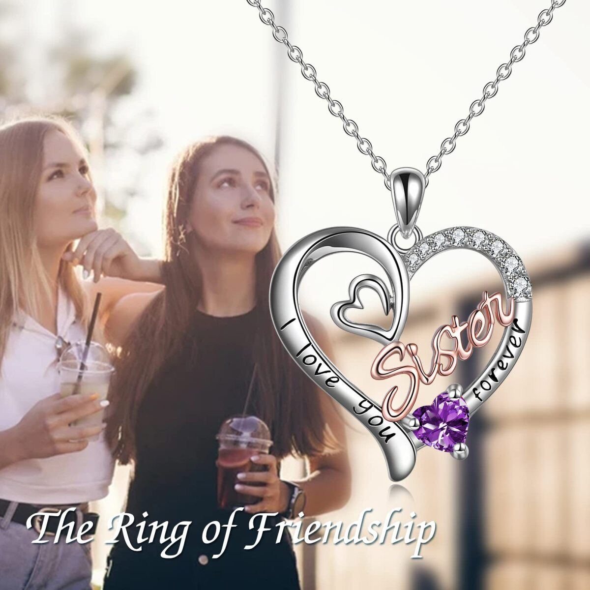 Sterling Silver Two-tone Purple Cubic Zirconia Sisters Heart Engraved Necklace for Women-6