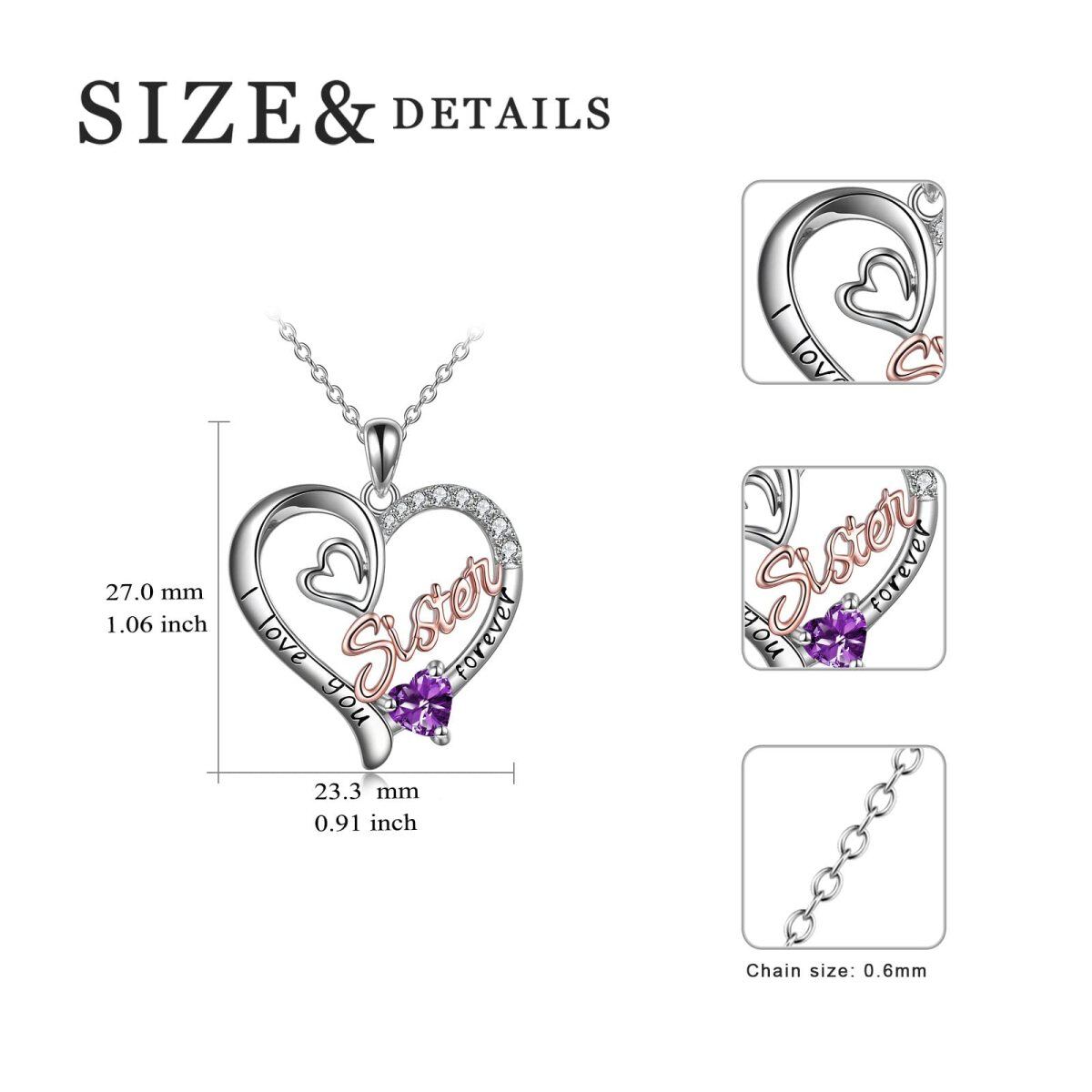 Sterling Silver Two-tone Purple Cubic Zirconia Sisters Heart Engraved Necklace for Women-5