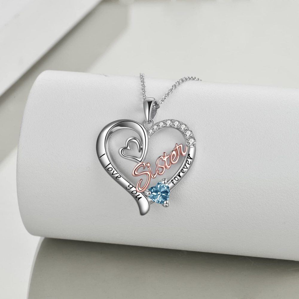 Sterling Silver Two-tone Blue Cubic Zirconia Sisters Heart Engraved Necklace for Women-3