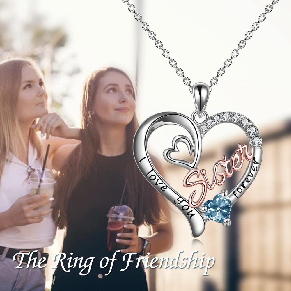 Sterling Silver Two-tone Blue Cubic Zirconia Sisters Heart Engraved Necklace for Women-5