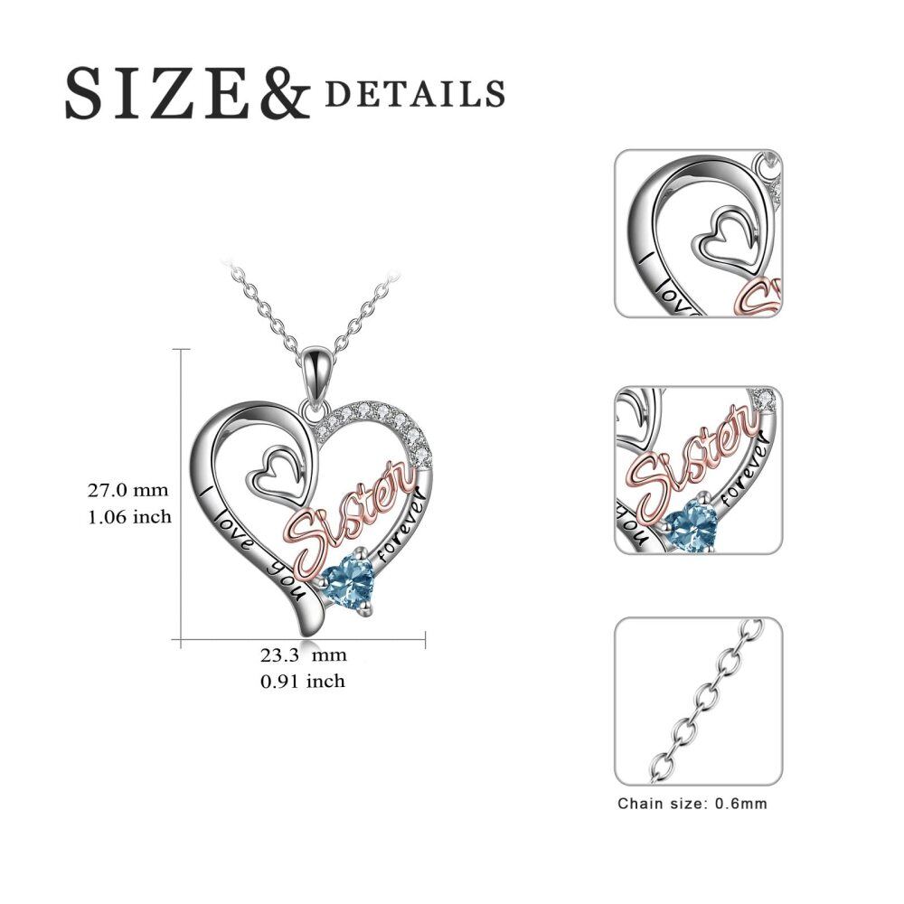Sterling Silver Two-tone Blue Cubic Zirconia Sisters Heart Engraved Necklace for Women-6