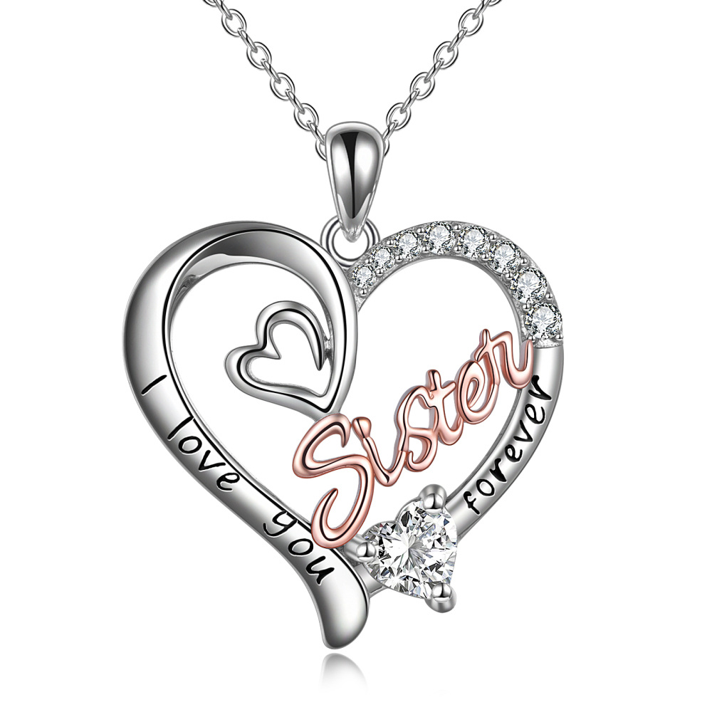 Sterling Silver Two-tone Clear Cubic Zirconia Sisters Heart Engraved Necklace for Women-1