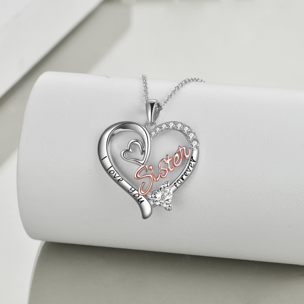 Sterling Silver Two-tone Clear Cubic Zirconia Sisters Heart Engraved Necklace for Women-3