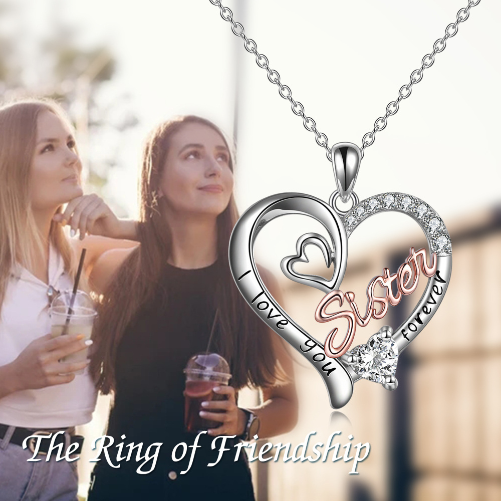 Sterling Silver Two-tone Clear Cubic Zirconia Sisters Heart Engraved Necklace for Women-6