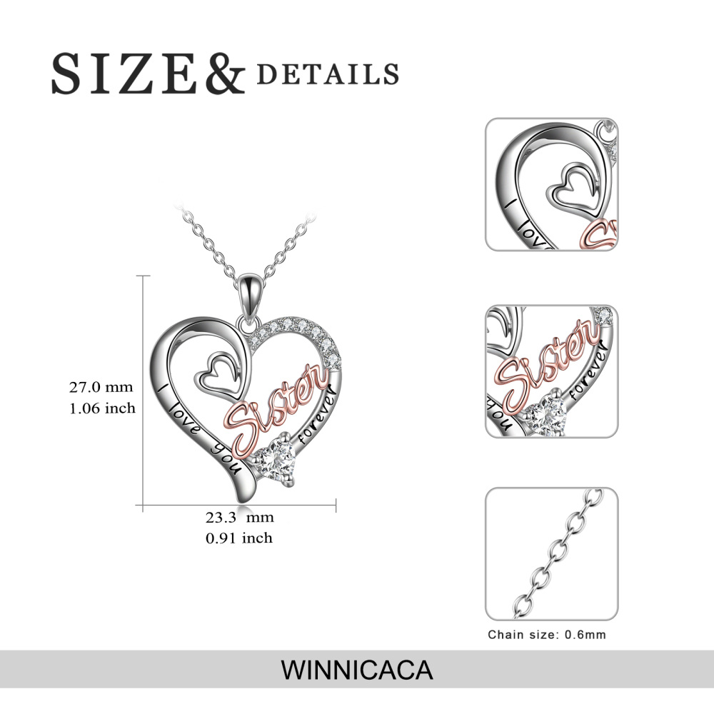 Sterling Silver Two-tone Clear Cubic Zirconia Sisters Heart Engraved Necklace for Women-5