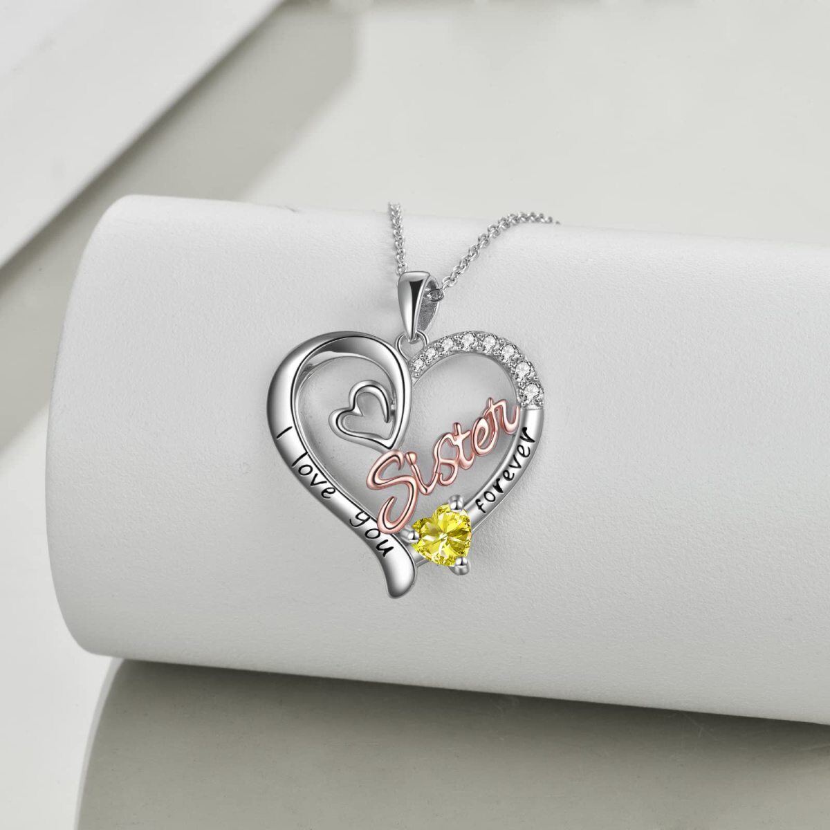 Sterling Silver Two-tone Yellow Cubic Zirconia Sisters Heart Engraved Necklace for Women-3