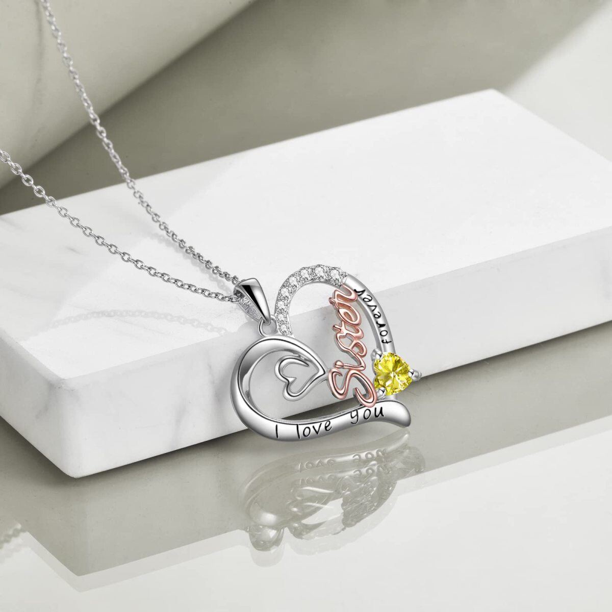 Sterling Silver Two-tone Yellow Cubic Zirconia Sisters Heart Engraved Necklace for Women-4