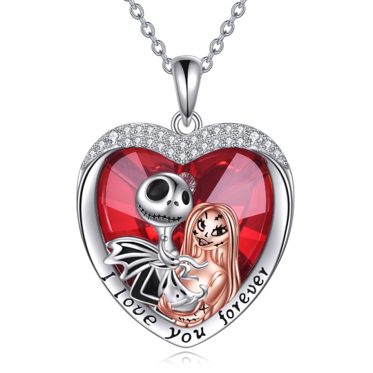 Sterling Silver Two-tone Heart Shaped Heart & Skeleton Crystal Pendant Necklace with Engraved Word