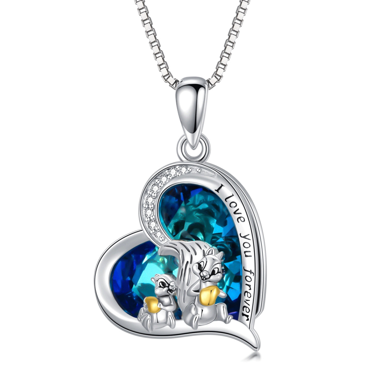 Sterling Silver Two-Tone Heart Crystal With Squirrel Pendant Necklace With Engraved Word For Women-1