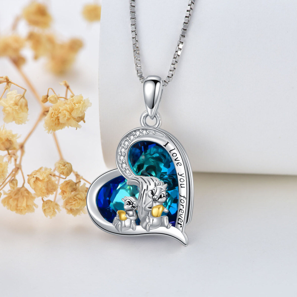 Sterling Silver Two-Tone Heart Crystal With Squirrel Pendant Necklace With Engraved Word For Women-3