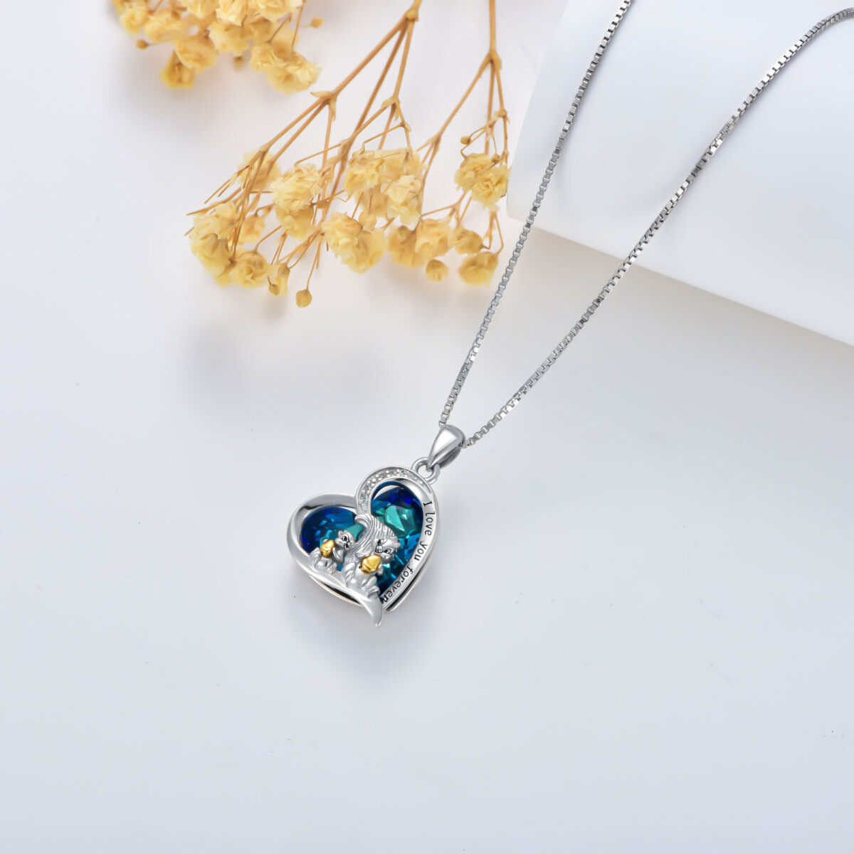 Sterling Silver Two-Tone Heart Crystal With Squirrel Pendant Necklace With Engraved Word For Women-4