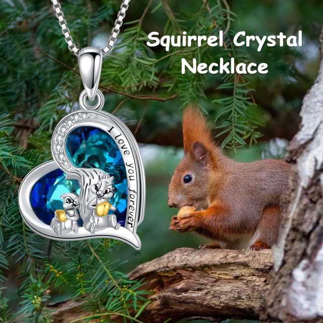 Sterling Silver Two-tone Heart Shaped Squirrel & Heart Crystal Pendant Necklace with Engraved Word-5