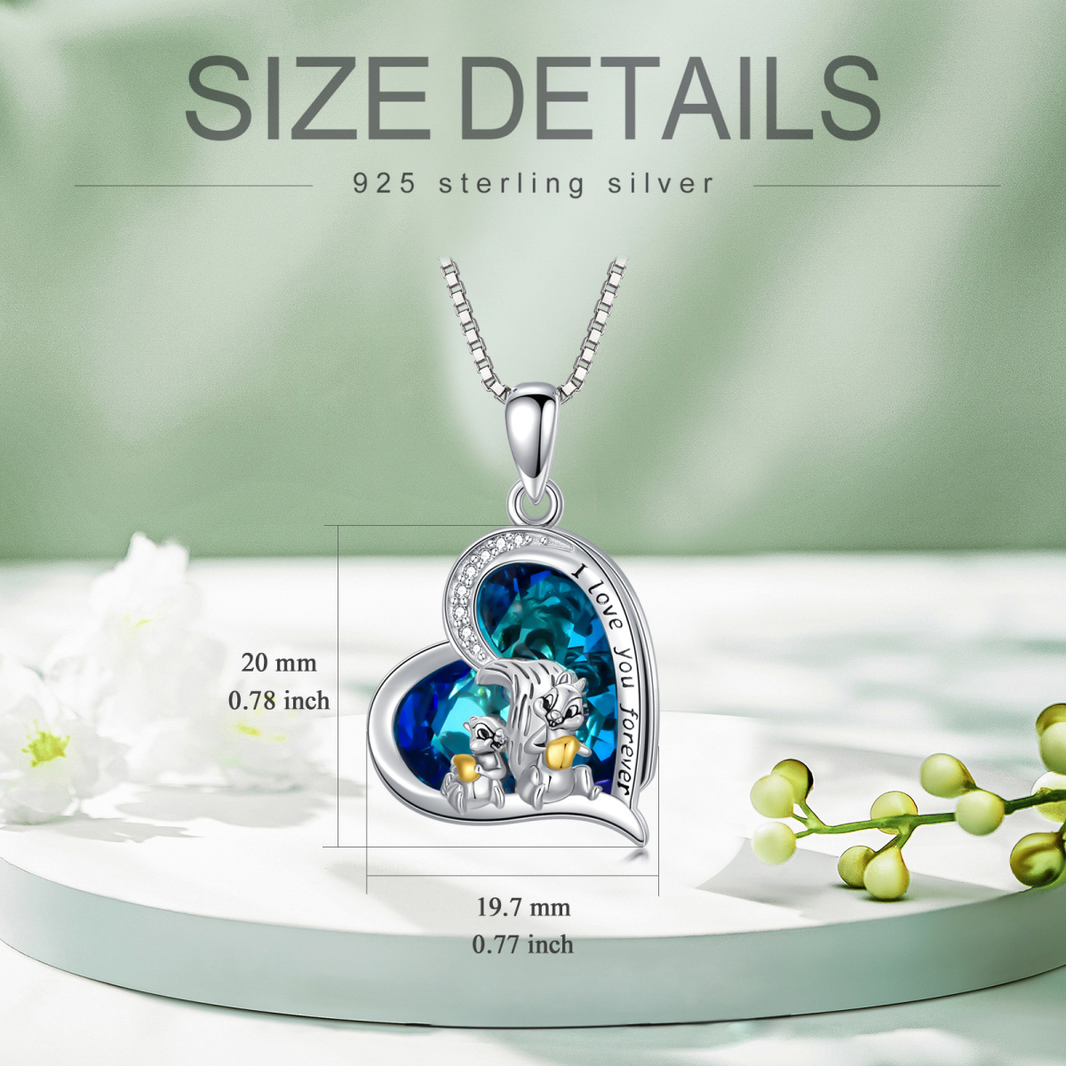 Sterling Silver Two-Tone Heart Crystal With Squirrel Pendant Necklace With Engraved Word For Women-6