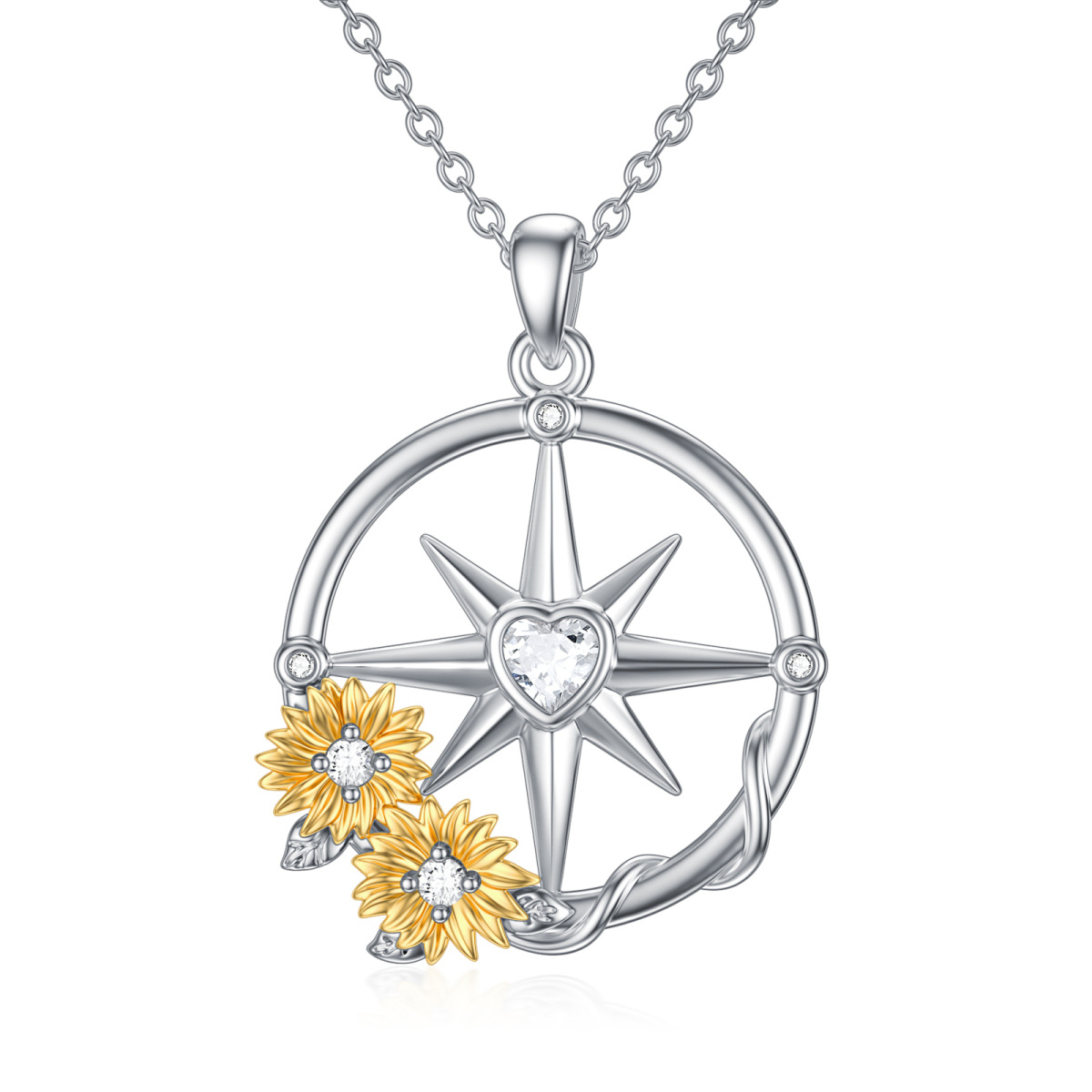 Sterling Silver Two-tone Heart Shaped Cubic Zirconia Sunflower & Compass Pendant Necklace-1