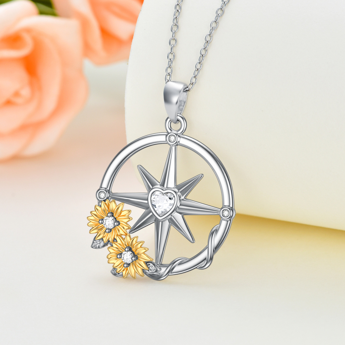 Sterling Silver Two-tone Heart Shaped Cubic Zirconia Sunflower & Compass Pendant Necklace-3