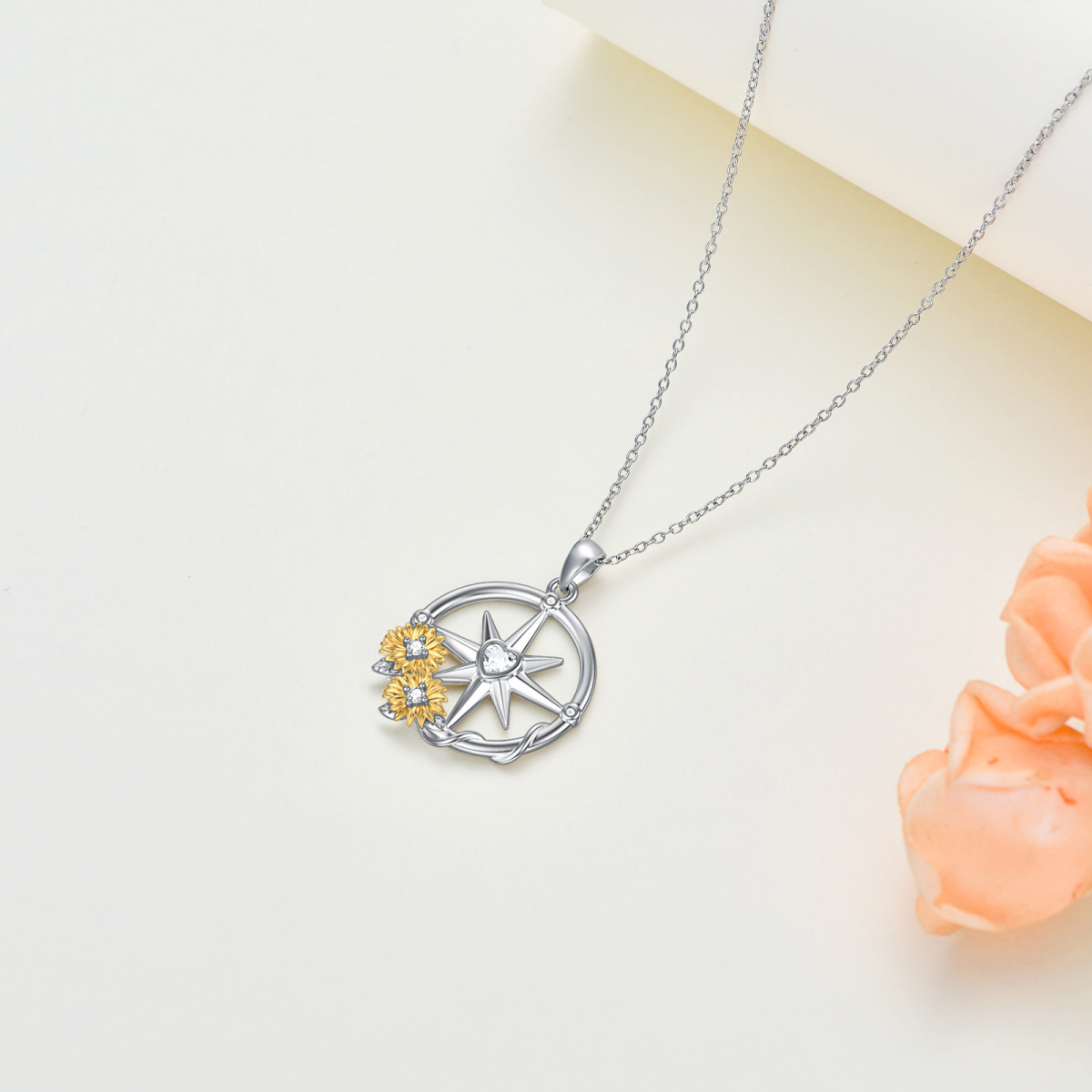 Collana in argento sterling con ciondolo a forma di cuore con girasole in zirconia cubica, bicolore e bussola-4