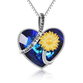 Sterling Silver Two-Tone Heart Crystal Sunflower Pendant Necklace With Engraved Word For Women Best Friends-45