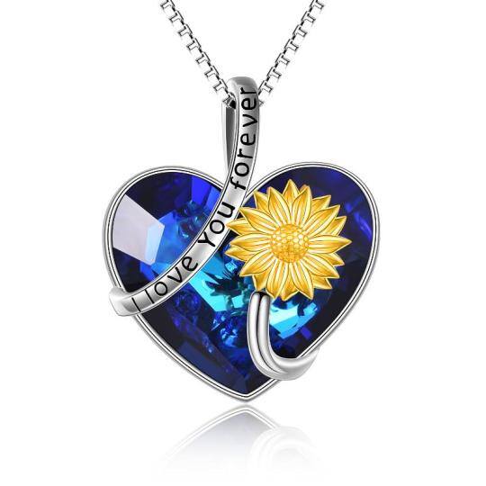 Sterling Silver Two-tone Heart Shaped Sunflower & Heart Crystal Pendant Necklace with Engraved Word