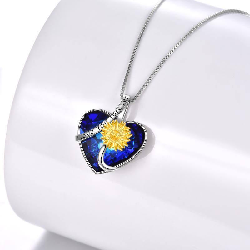 Collar con colgante de girasol de cristal de corazón de dos tonos de plata de ley con palabra grabada para mujeres mejores amigas-3