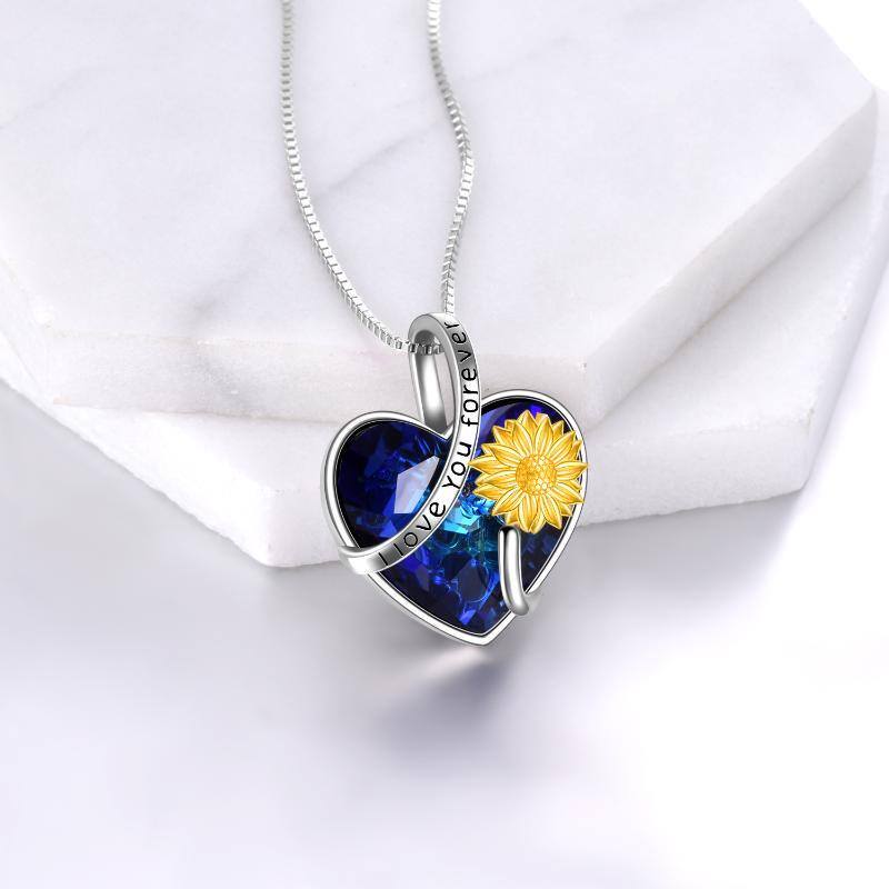 Collar con colgante de girasol de cristal de corazón de dos tonos de plata de ley con palabra grabada para mujeres mejores amigas-4