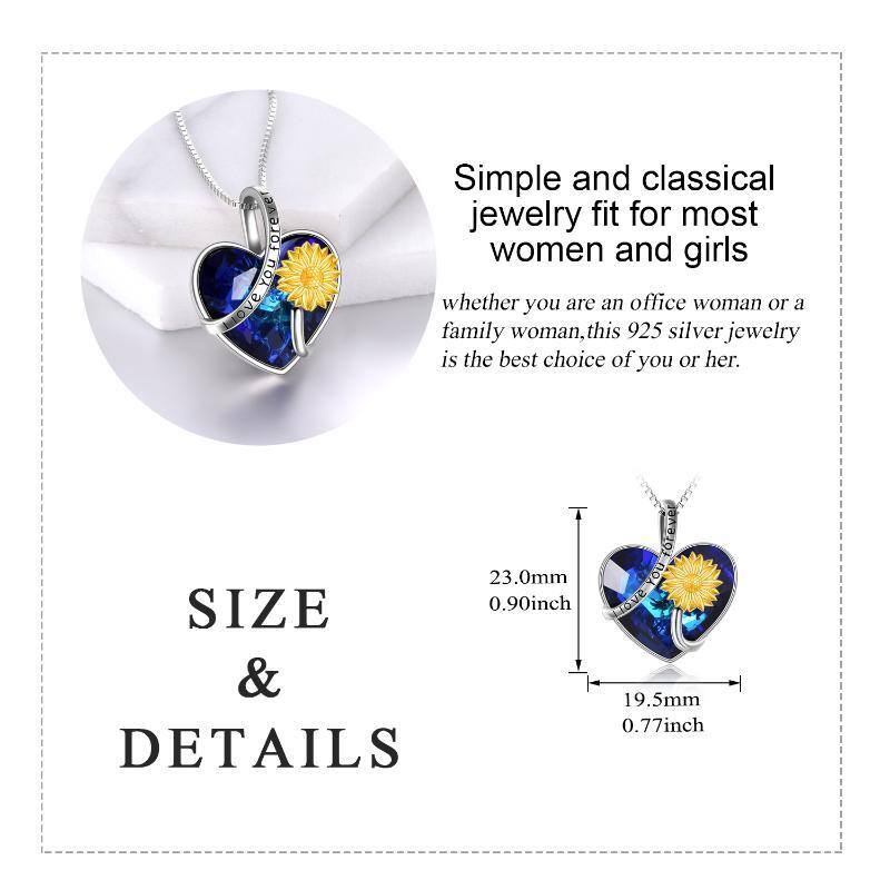 Collar con colgante de girasol de cristal de corazón de dos tonos de plata de ley con palabra grabada para mujeres mejores amigas-5