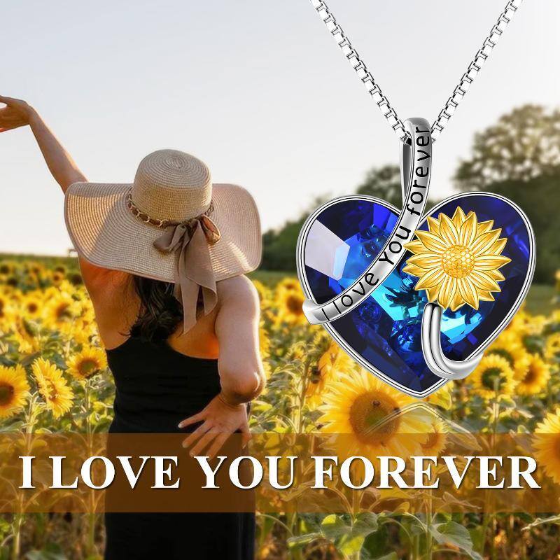 Collar con colgante de girasol de cristal de corazón de dos tonos de plata de ley con palabra grabada para mujeres mejores amigas-6
