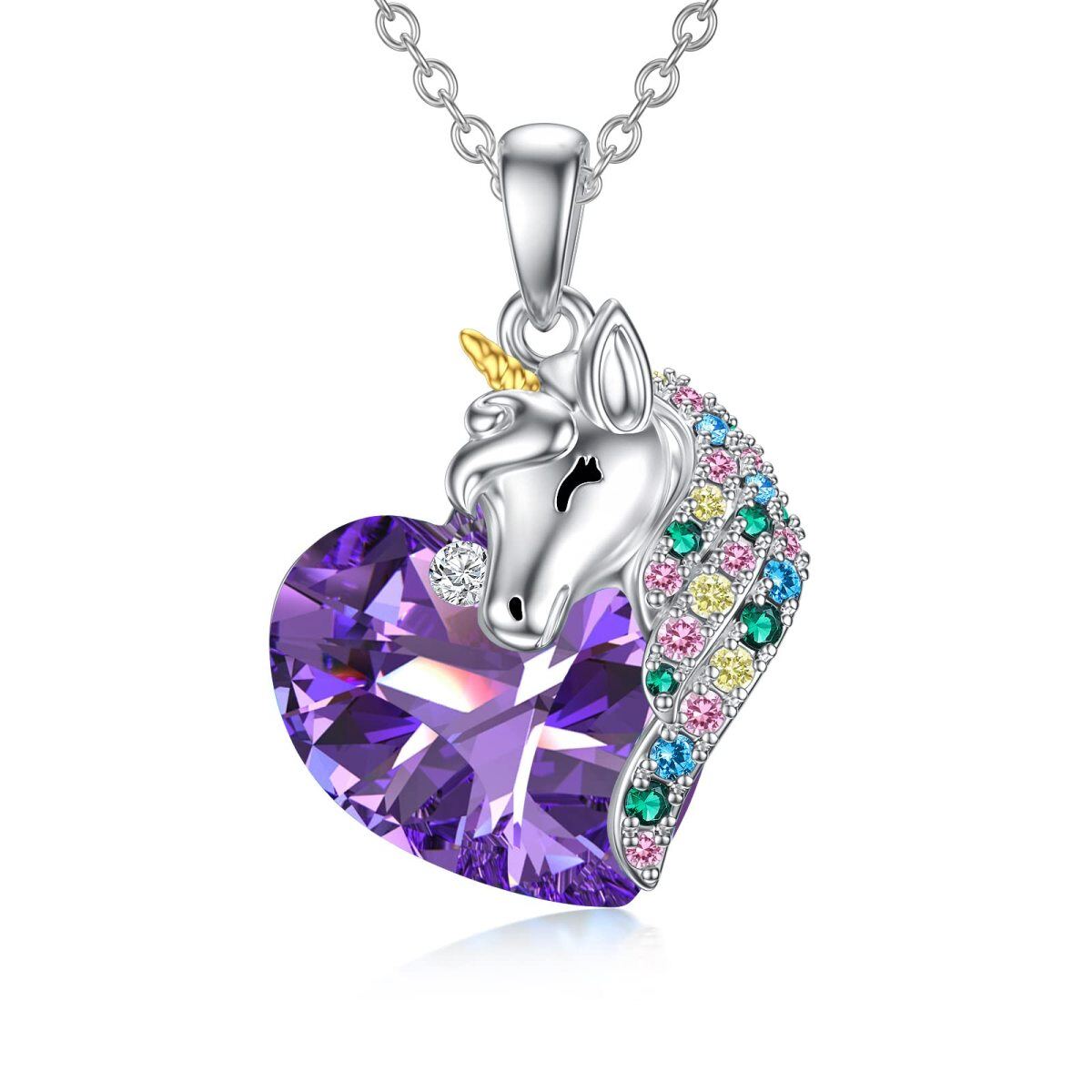 Collar con colgante de cristal de unicornio morado y corazón de dos tonos de plata de ley para mujer, mejor amiga-1