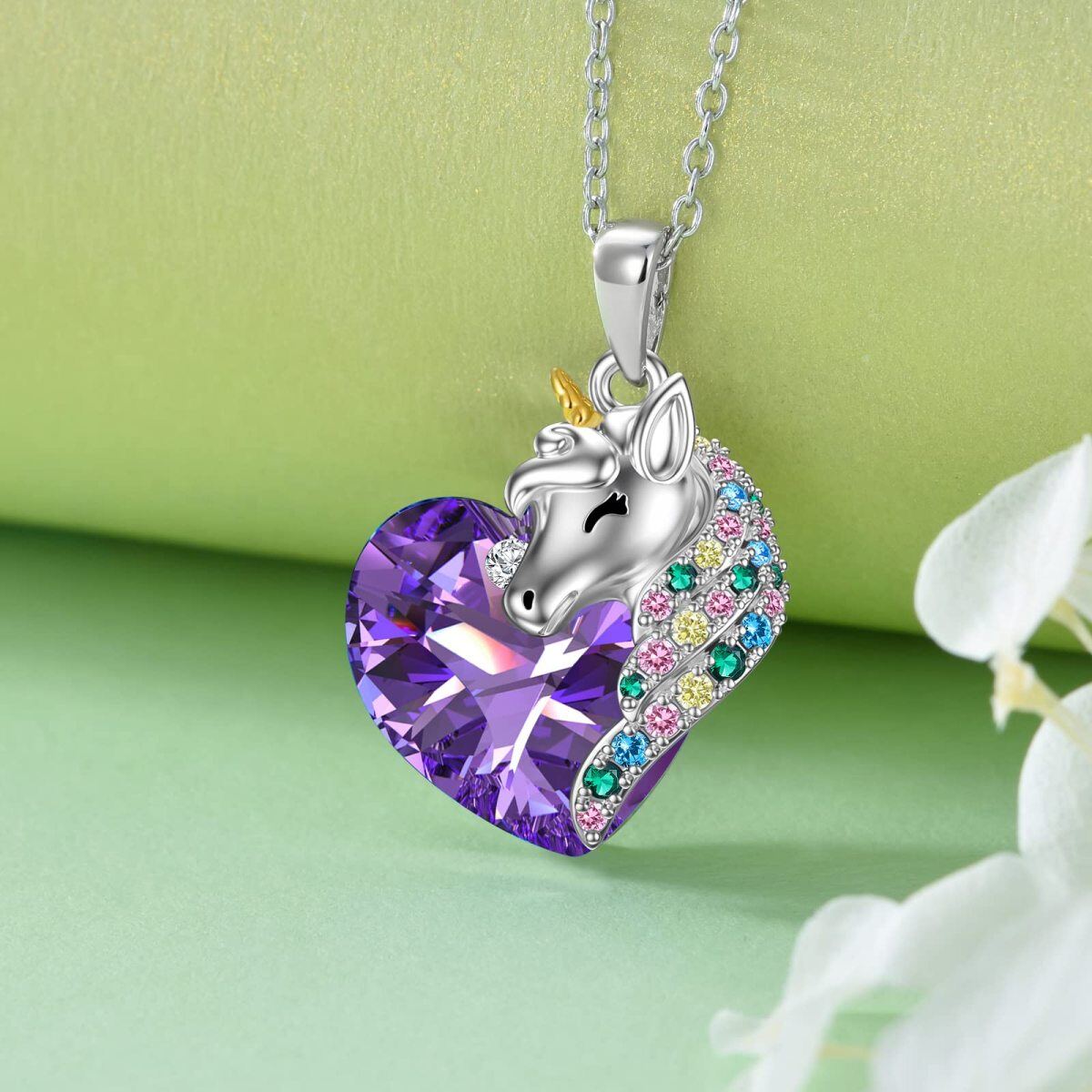 Collar con colgante de cristal de unicornio morado y corazón de dos tonos de plata de ley para mujer, mejor amiga-3