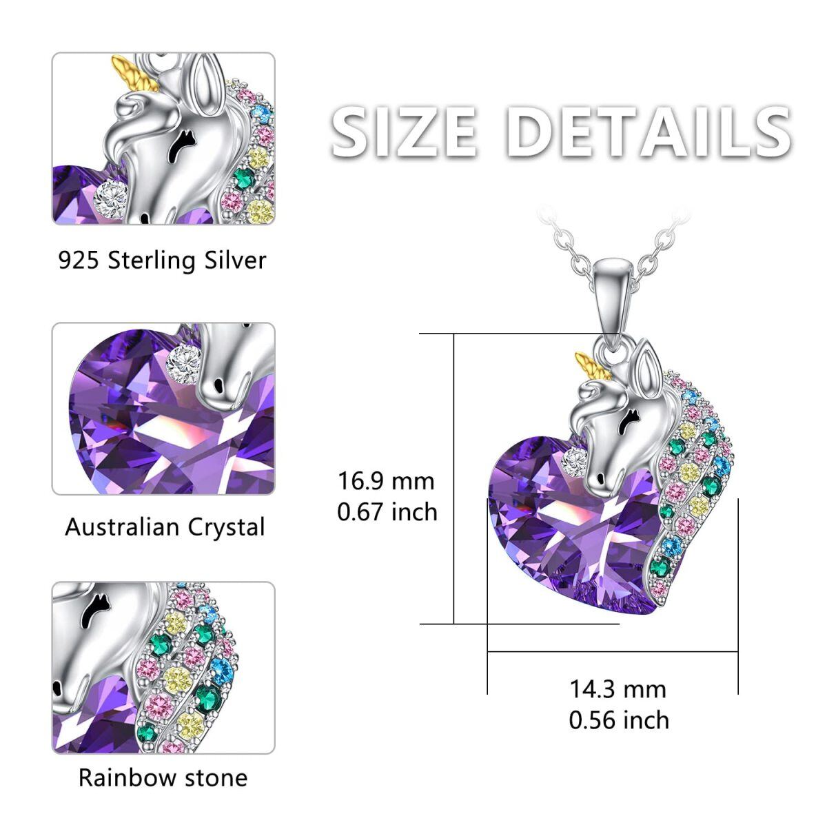 Sterling Silver Two-Tone Heart Purple Unicorn Crystal Pendant Necklace For Women Best Friend-4