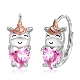 Sterling Silver Two-tone Heart Shaped Cubic Zirconia Unicorn Hoop Earrings-4