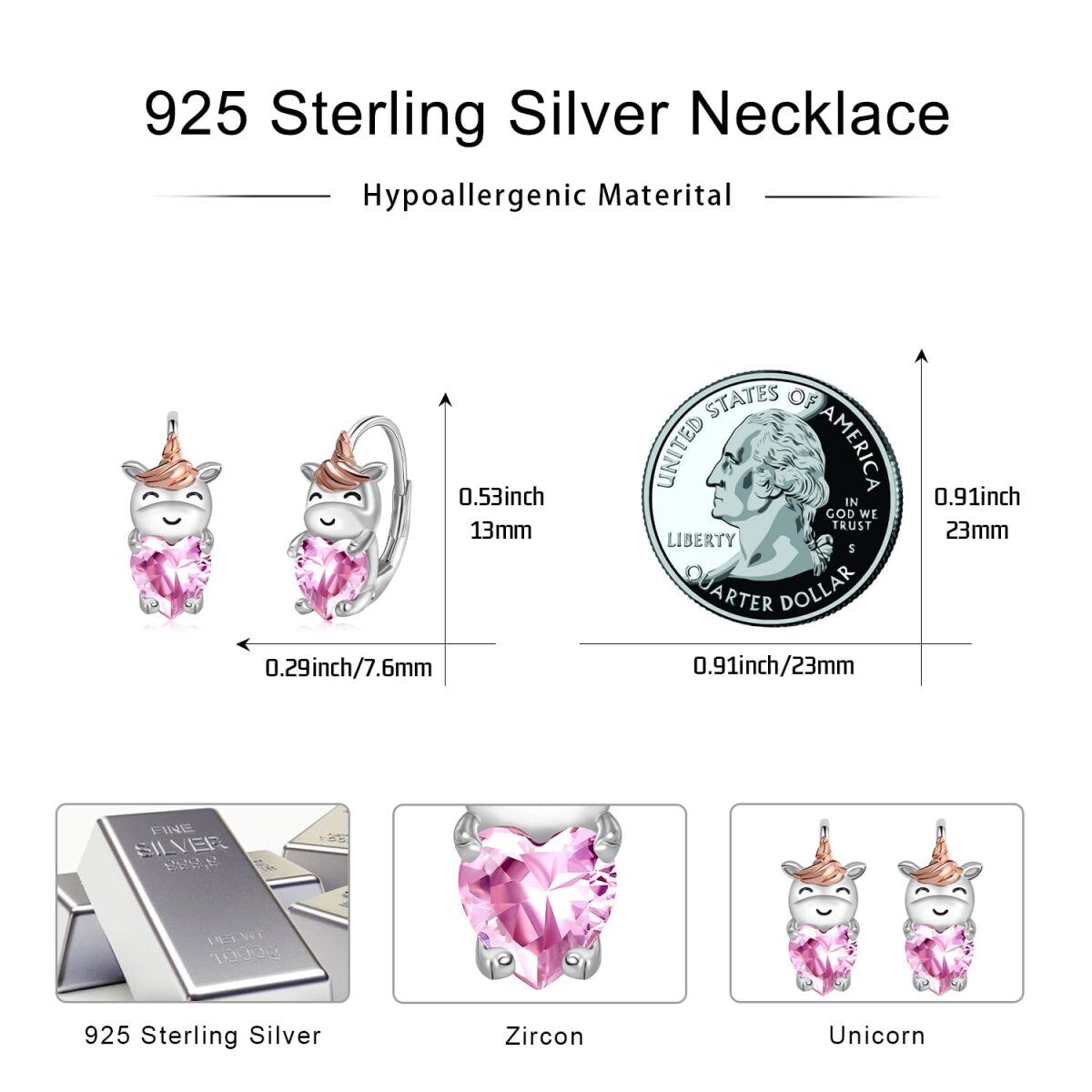 Sterling zilveren tweekleurige hartvormige Cubic Zirconia Eenhoorn Hoepel Oorbellen-5