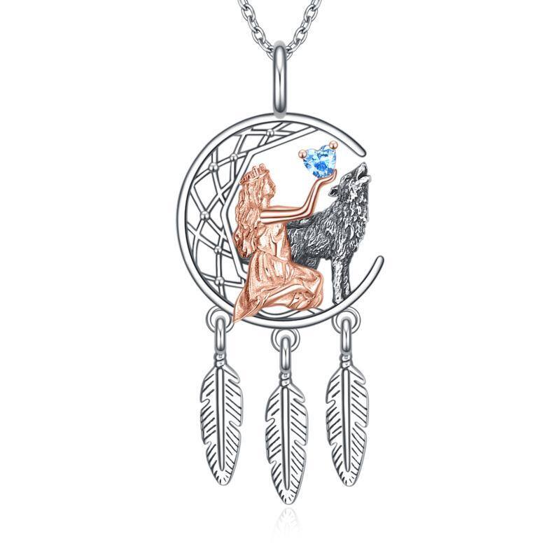 Sterling Silver Two-Tone Heart Wolf Moon And Dream Catcher Pendant Necklace For Women-1