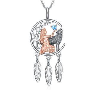 Sterling Silver Two-Tone Heart Wolf Moon And Dream Catcher Pendant Necklace For Women-45